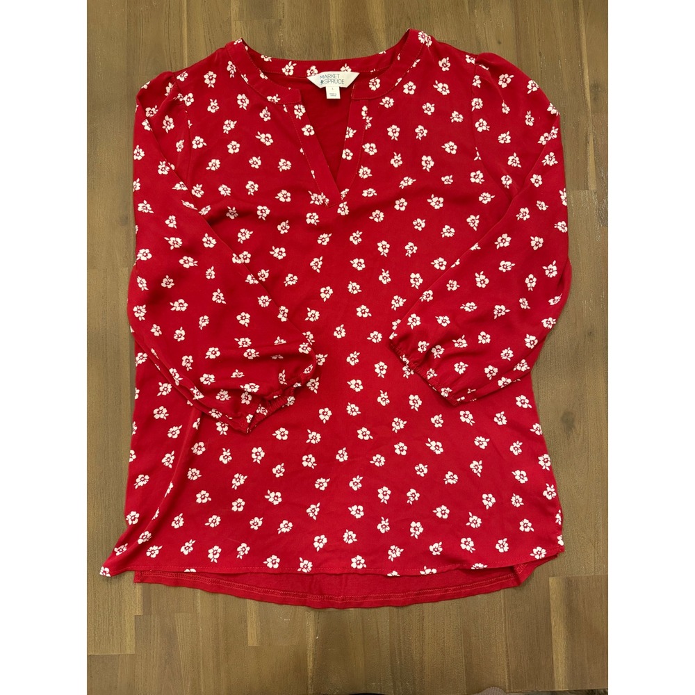 Market & Spruce Red Floral Split Neck Mixed Media Blouse 3/4 Sleeve Large